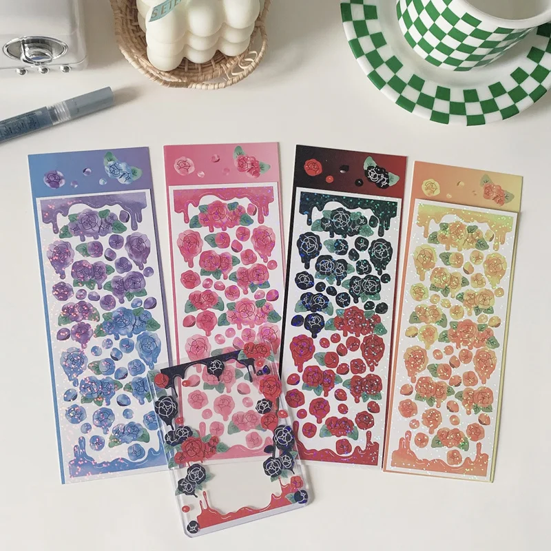 1Pc Ins Gradient Laser Rose Series Decoration Laser Stickers Scrapbooking Hand Account Cute Stationery Sticker School Suppliesr