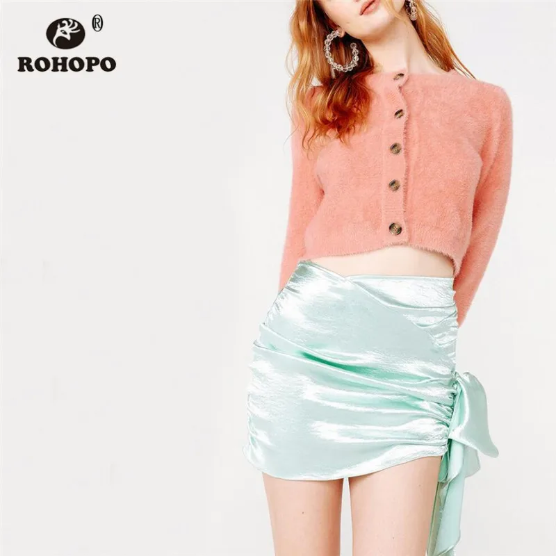 

ROHOPO Round Collar Long Sleeve Faux Fur Red Sweater Buttons Fly Elasticity Hem Female Knitted Crop Cardigan Outwear #6093