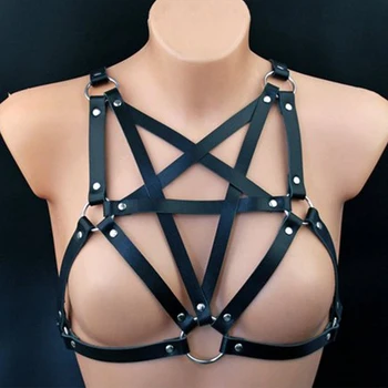 

Pentagram Leather Harness Cage Bra Belt Lingerie Fetish for Women Body Sexy Tops Caged Hollow Out Bralette Punk Goth Rave Dance