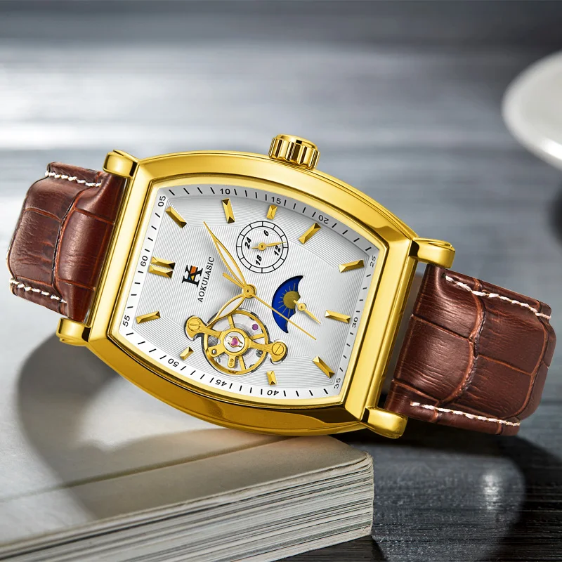 AOKULASIC для мужчин s Новая мода кожаный ремешок Малый 24 часа дисплей Tonneau Moonphase Tourbillon автоматические часы для мужчин спортивные часы