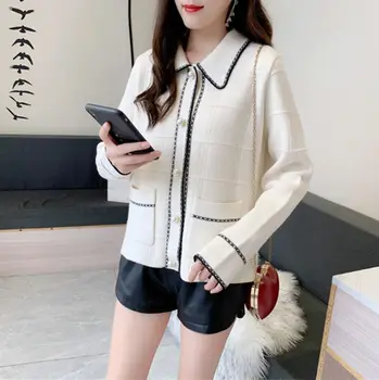 

Small Fragrance Knit Sweater Women 2020 New Women's Wear Thin And Versatile Pearl Buckle Thin Long-Sleeved Jacket Jacket Women