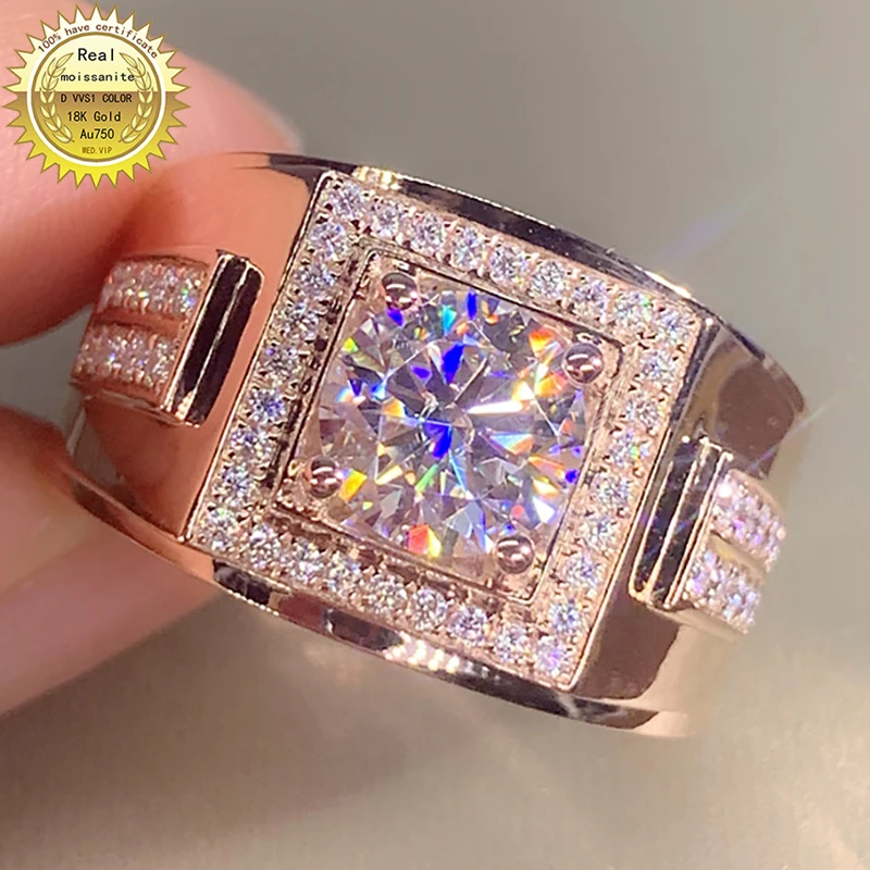 

Solid 9K Au375 Rose Gold Men Ring DVVS1 3Carat Moissanite Diamonds Round Luxury Wedding Party Engagement Anniversary Ring