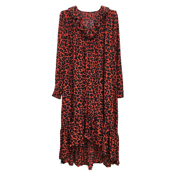

Red BLACK Leopard Print Asymmetric Ruffled Hem Midi Dress v-neck with ruffles Long Sleeves fashion Viscose long dress