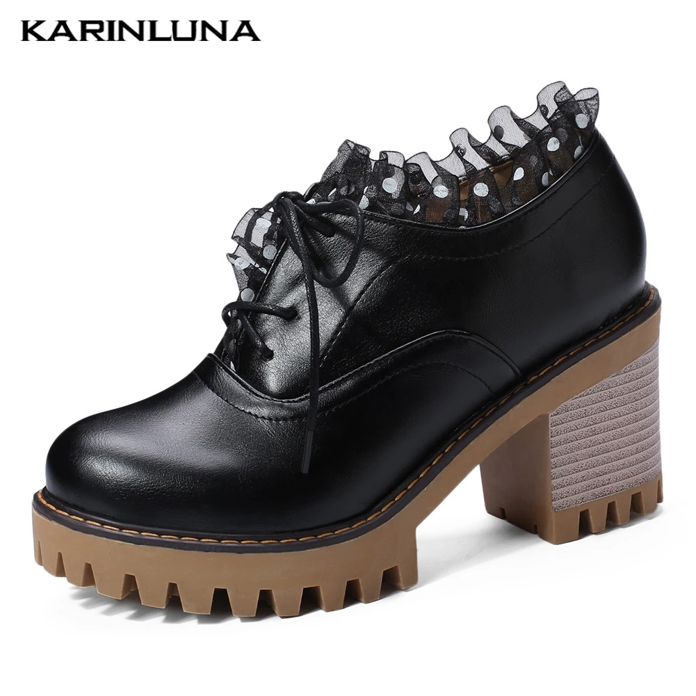 

Karinluna 2019 Fashion Platform Chunky Heels Sweet Lady Heeled Woman Shoes Shoelace Ruffles Lolita Shoes Women Pumps Female