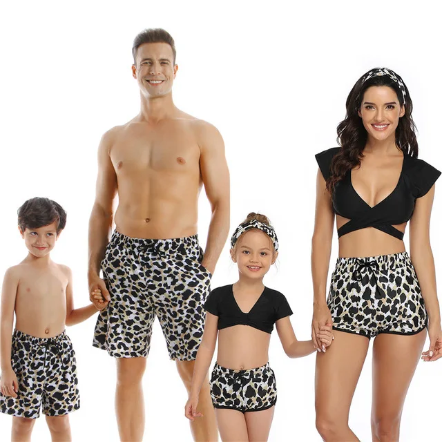 matching couple outfits Family matching swimwear Leopard dad son swim trunks men boys swim shorts beachwear outfits look father And Daughter Matching Outfits