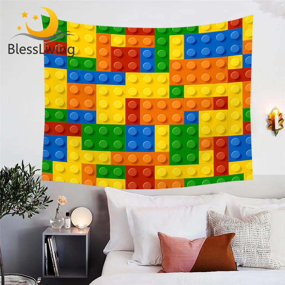 

BlessLiving Toy Print Tapestry Dot Building Blocks Wall Carpet Colorful Bricks Game tapiz 150x200cm Wall Hanging Home Bedlinen