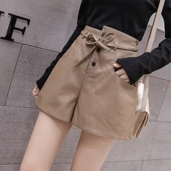 

2020 Autumn New Shorts Korean The Wild High Waist Was Thin Pu Leather Wide Leg Shorts Loose Lacing Shorts Women Free Shipping