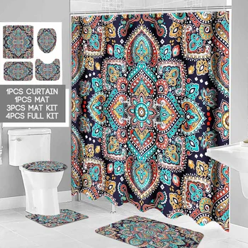 

Indian Floral Mandala Flower Shower Curtains Waterproof Bathroom Curtain Toilet Cover Mat Non-Slip Rug Set for Bathtub Decor