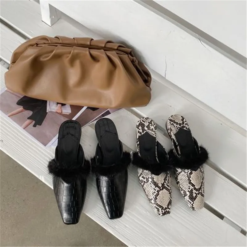 

Woman Shoes Chunky Heels Slippers Snake Prints Closed Toe Mules Shallow Fur Slides Slip on Loafers Casual Sandalias Mujer Black
