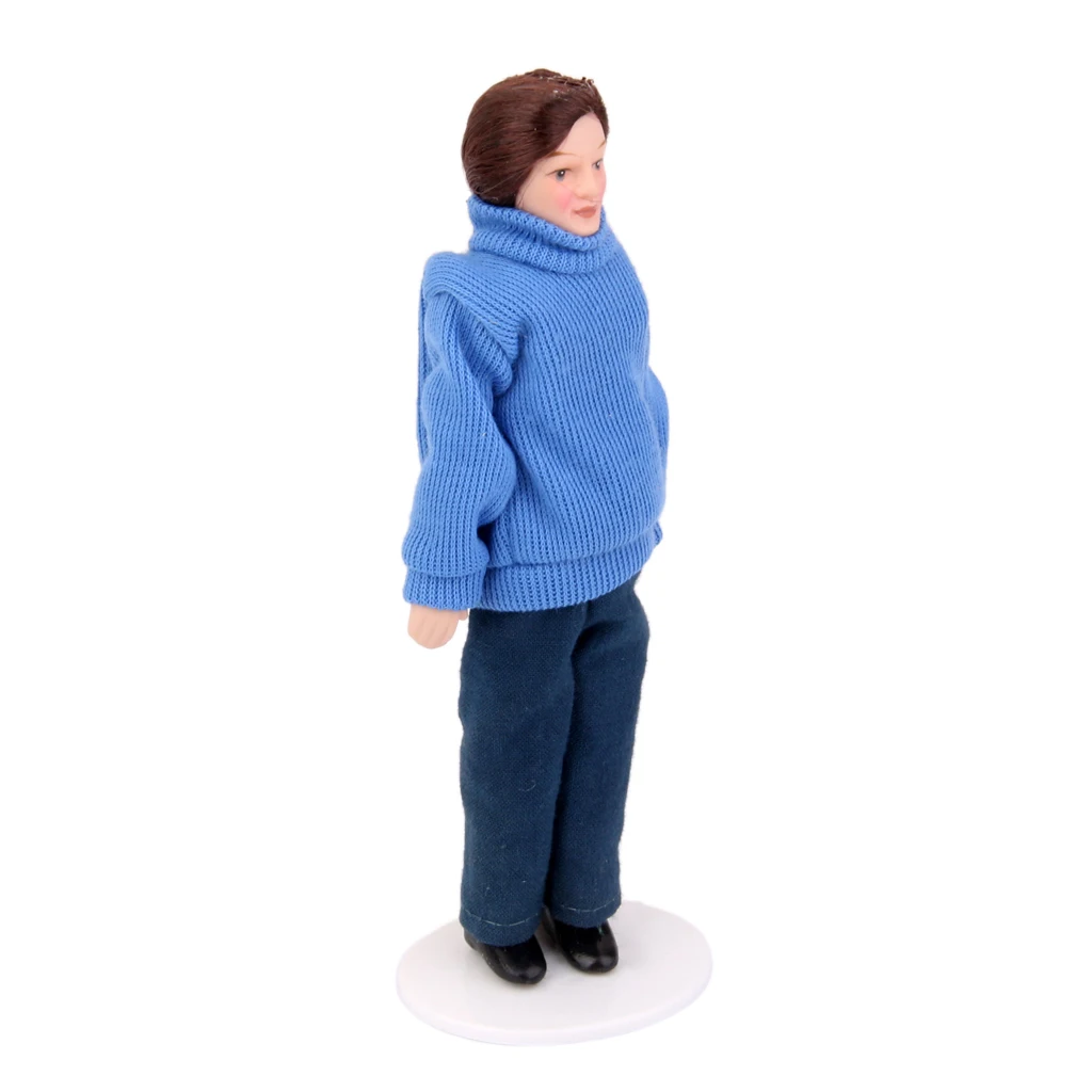 1/12 Dollhouse Miniature Porcelain Doll Young Modern Male in Blue Sweater and Pants