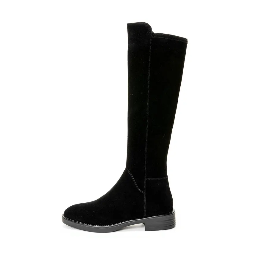 black-cow suede QUTAA/ г. Женские сапоги до колена высокие сапоги из коровьей кожи и коровьей замши зимняя женская обувь на молнии с круглым носком на низком каблуке Большие размеры 34-43 - Цвет: black-cow suede