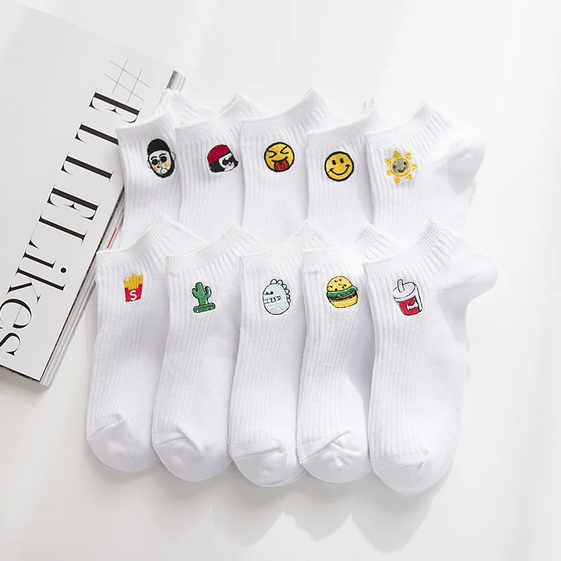 

New Style Spring And Summer Female Short Socks Pure Cotton White Women's Embroidered No-show Socks Women's Simple Thin Low-Cut N