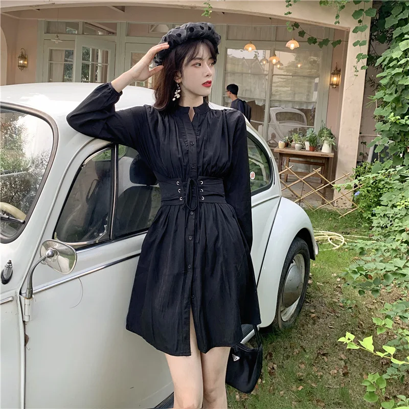 Fotoshoot Netto Prijs Koreaanse Stijl Elegante Mode Effen Kleur Gordel Taille Knuffelen Lange Mouw Jurk Fotoshoot Netto Prijs Koreaanse Stijl Elegante Mode Effen Kleur Gordel Taille Knuffelen Lange Mouw Jurk