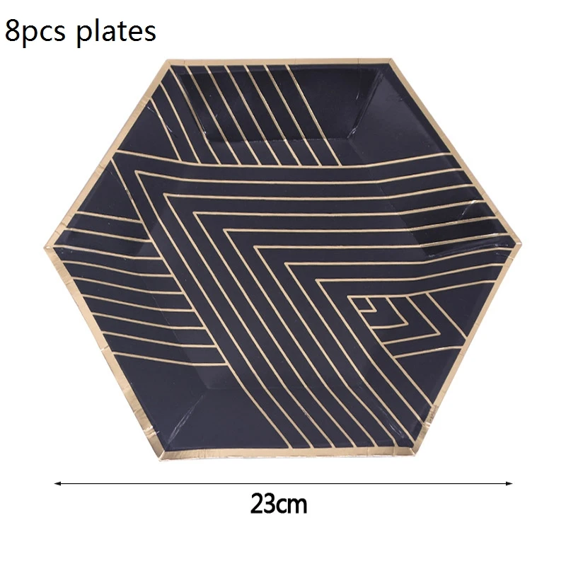 Набор одноразовой посуды розового, золотого и черного цвета, чашки, тарелки, салфетки, соломинки, украшение для свадебной вечеринки, принадлежности для дня рождения - Цвет: BB01 8pcs plates 23