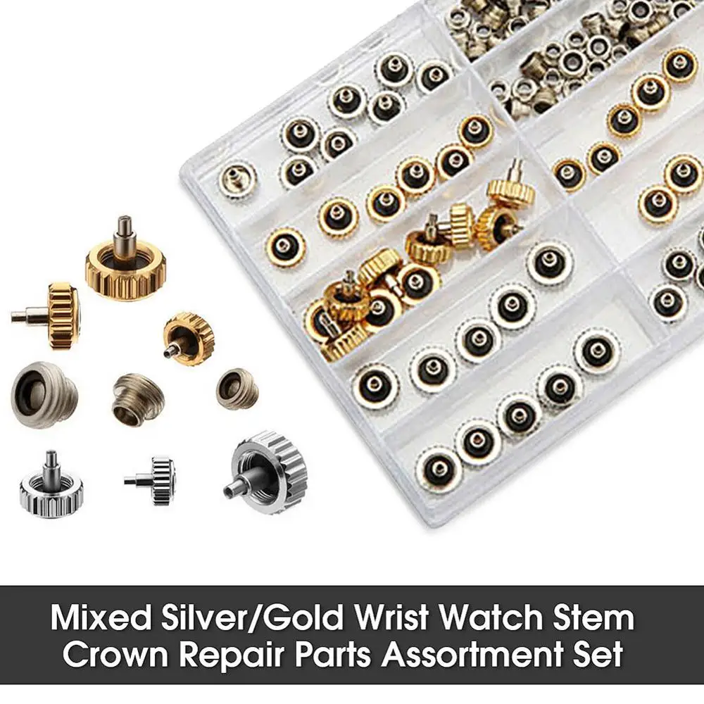 95Pcs/Case Watch Copper Crown For Generic 5.3mm 6.0mm 7.0mm with Tube and Gasket Silver Gold Repair Accessories Assortment Parts