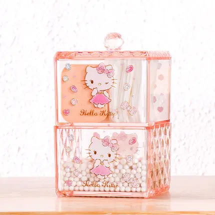 Hello kitty, хлопковая коробка для макияжа, аксессуары, Кисть для макияжа, коллекция пудры, акриловый Органайзер для макияжа, косметический Органайзер, коробка для хранения - Цвет: Double Layer Swab