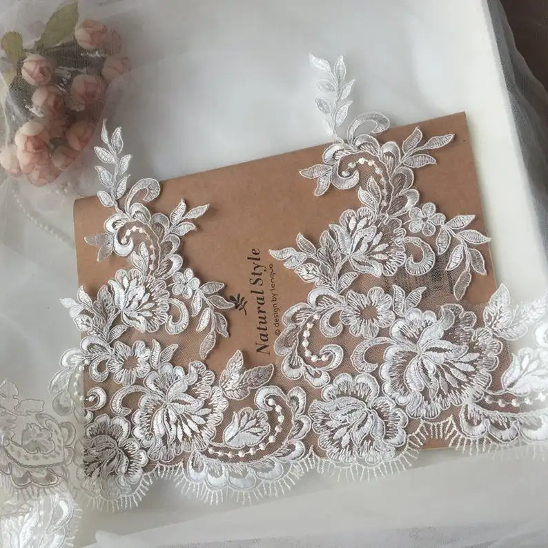 

Beautiful Off White Alencon Lace Trim, Corded Floral Alencon Lace, Scalloped Border Bridal Veil Lace By The Yard