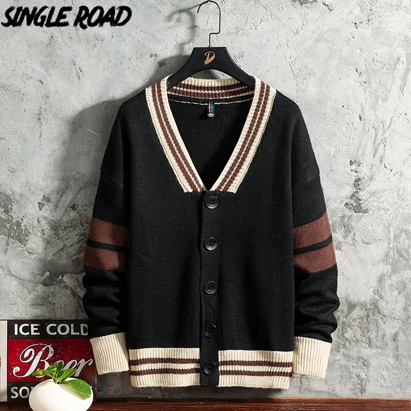 Mens Cardigan Sweater Oversized Knitted Harajuku Patchwork Black Winter Striped Single-Road