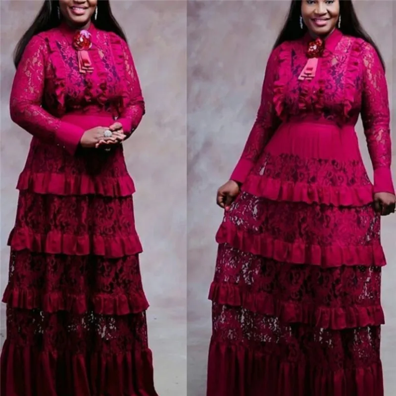 Women Dashiki African Long Dress Fashion Ladies Lace Long Sleeve Edge Stitching Multi-layer Cake Dress Large Size XL-3XL