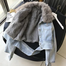 Модное зимнее женское теплое пальто из натурального Лисьего меха, воротник из натурального кроличьего меха, джинсовая куртка, узкие джинсы, толстая верхняя одежда, HHPC33