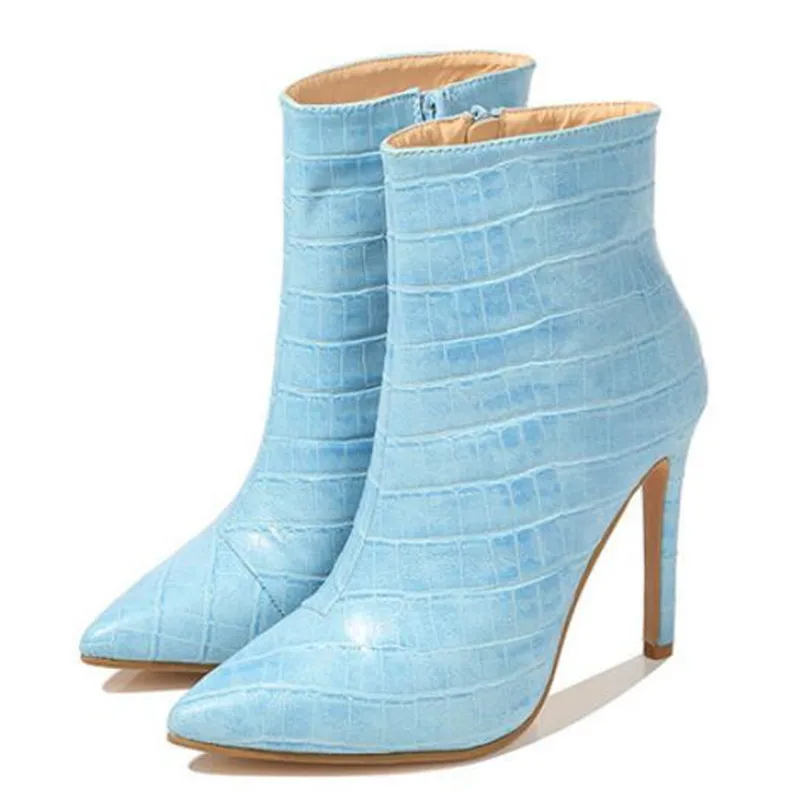 2023 New Luxury Women Pink Blue Boots Sexy Thin High Heels Fetish Stripper Booties Warm Fur Print Sweet Ankle Boots Pointy Shoes