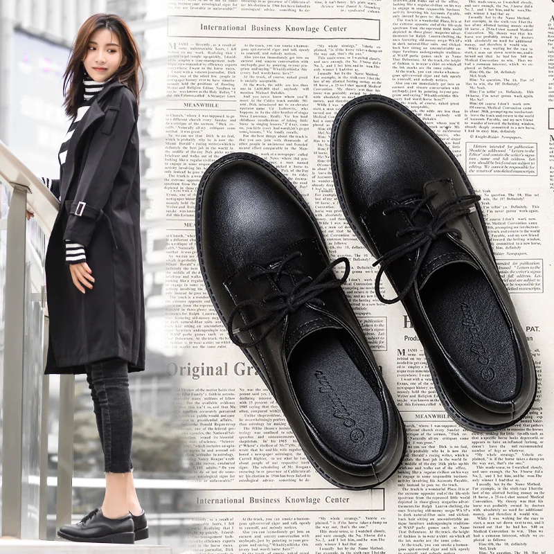 

England Small Leather Shoes Women's 2020 Spring New Style Black And White with Pattern round-Toe College Style Korean-style Vers