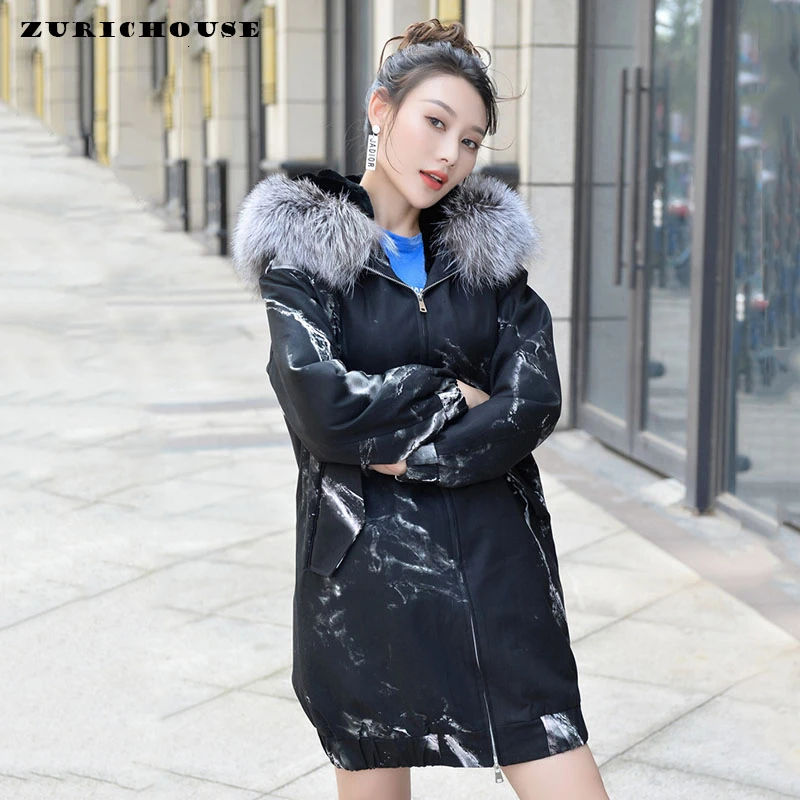 

ZURICHOUSE 2019 Real Fur Jacket Women Long Parka Winter Warm Luxury Hooded Silver Fox Fur Collar Natural Rex Rabbit Fur Coat