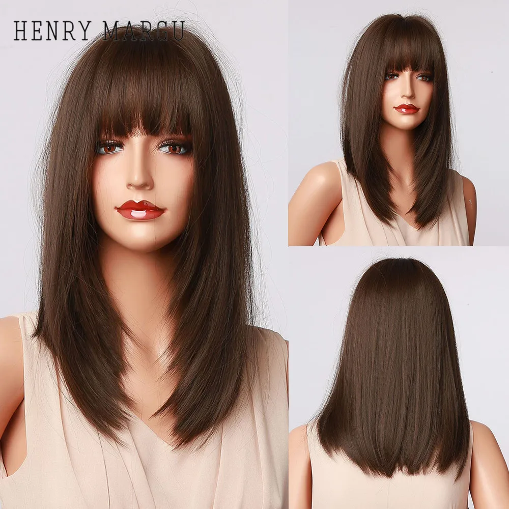 Synthetic Wigs Bangs Layered-Hair Henry Margu Long-Bob Dark-Brown Natural Medium Women