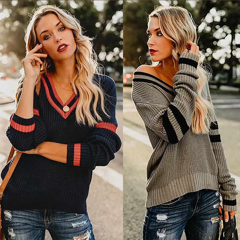 

Women's V-Neck Stitching Pullover Knitted Sweater 2020 Autumn Winter Fashion Loose Long-Sleeved Patchwork Pull Femme