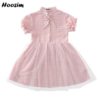 

High Street Tulle Plaid Front Button Puffy Sleeve A Line Dress Girls 4-11 Years 2020 Summer Embroidery Flower Bow Collar Dresses