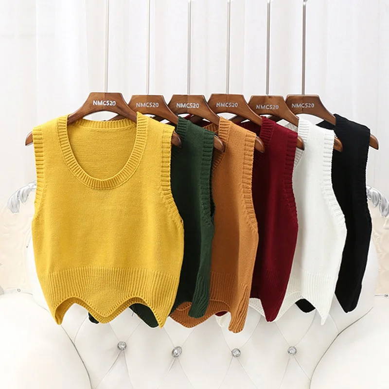 

Solid Color Knit Vest Autumn Fashion Simple Women Sweater O Neck Sleeveless Short Pullover Sweater Vest Wavy Edge Warm Tank Tops