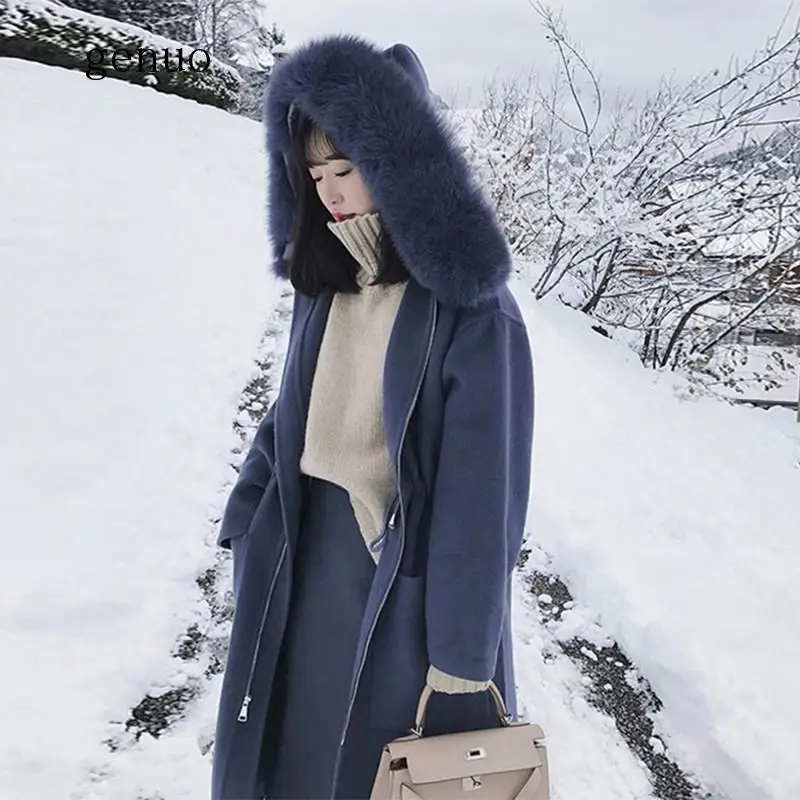 2019 Autumn Woolen Coat Winter Jacket Women Natural Fox Fur Collar Hood Cashmere Wool Blends Long Outerwear N1158