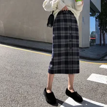 Ретро клетчатые юбки женские консервативный Стиль Прямые ампир талии пуговицы кашемировые женские осенние зимние юбки