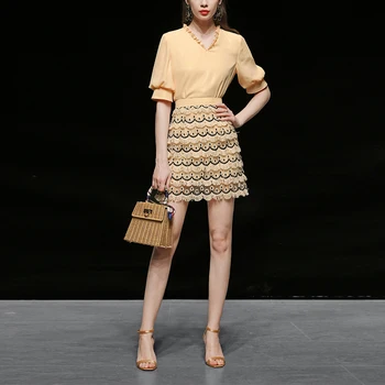 

Seifrmann Summer Fashion Designer Suit Women Vintage Lantern Sleeve Yellow Tops＋High waist Tassel Short Skirts 2 Two Pieces Set