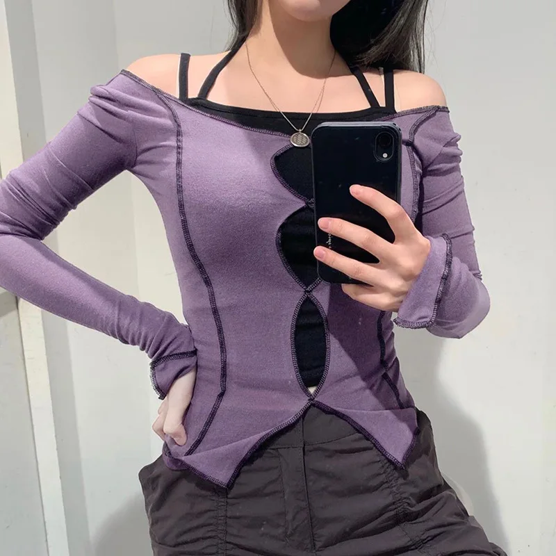 

Hot 2019 autumn women's new stitching Full sleeves Large round neck sexy hollow umbilical solid color casual wild slim top