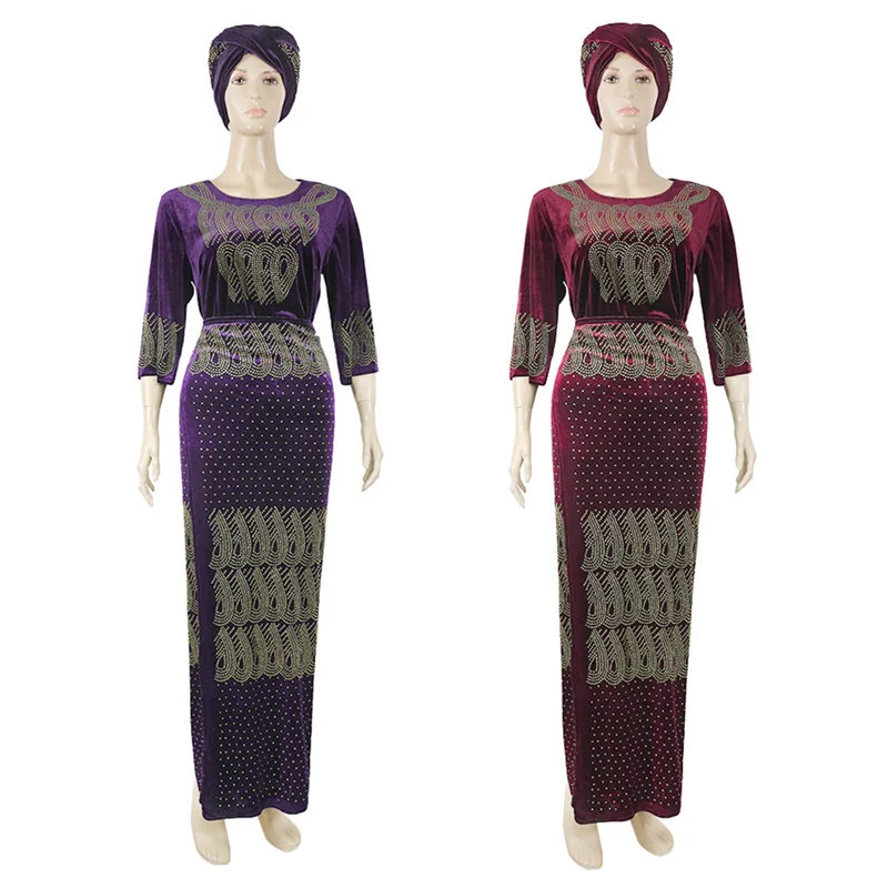 Plus Size Velvet Dress Dashiki African Clothes For Women 3 Pieces Set Top Skirt With Headtie Ladies Long Maxi Party Dresses Robe
