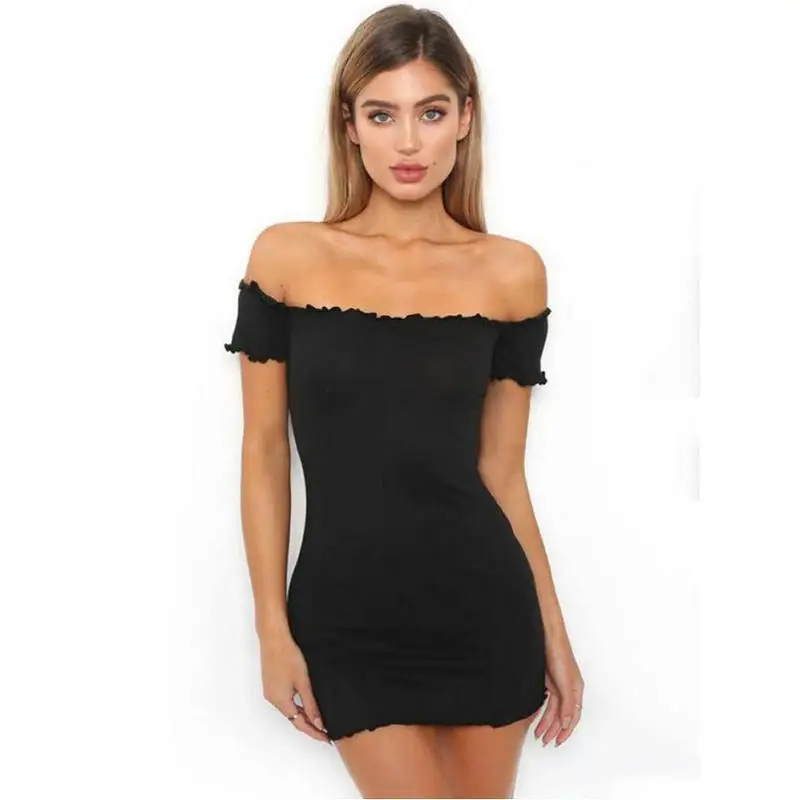 

Foreign Trade Hot Selling WOMEN'S Dress Europe And America-Horizontal Neck Short Sleeve Slim Dress Black And White with Pattern