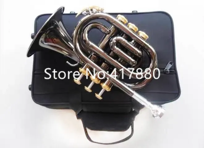 Mini Pocket Tromba Bb Flat Black Nickel Wind Instrument Con Custodia Per Boccaglio Spedizione Gratuita