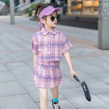 

New Girl Clothes Lattice Shirt Skirts Kids Summer Clothes Sports Suit For Girs Clothes 2pcs Set Children Clothing Girls Clothing