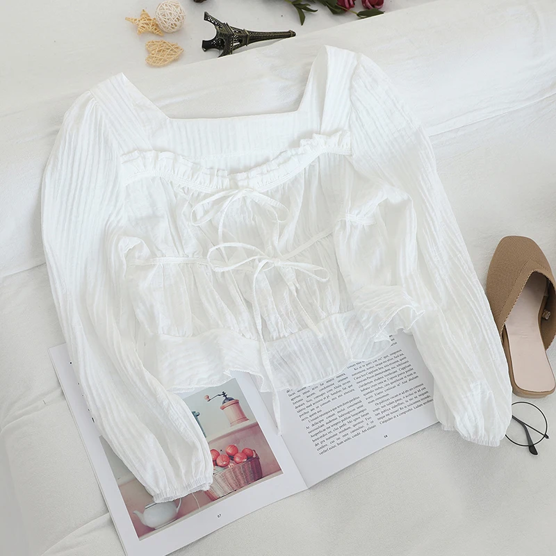 Women Blouse Shirt Женская плиссированная рубашка с рукавом-фонариком и оборками, винтажная короткая эластичная тонкая облегающая повязка на бретельках, пуловер, блузка, топы - Цвет: Women Blouse Shirt