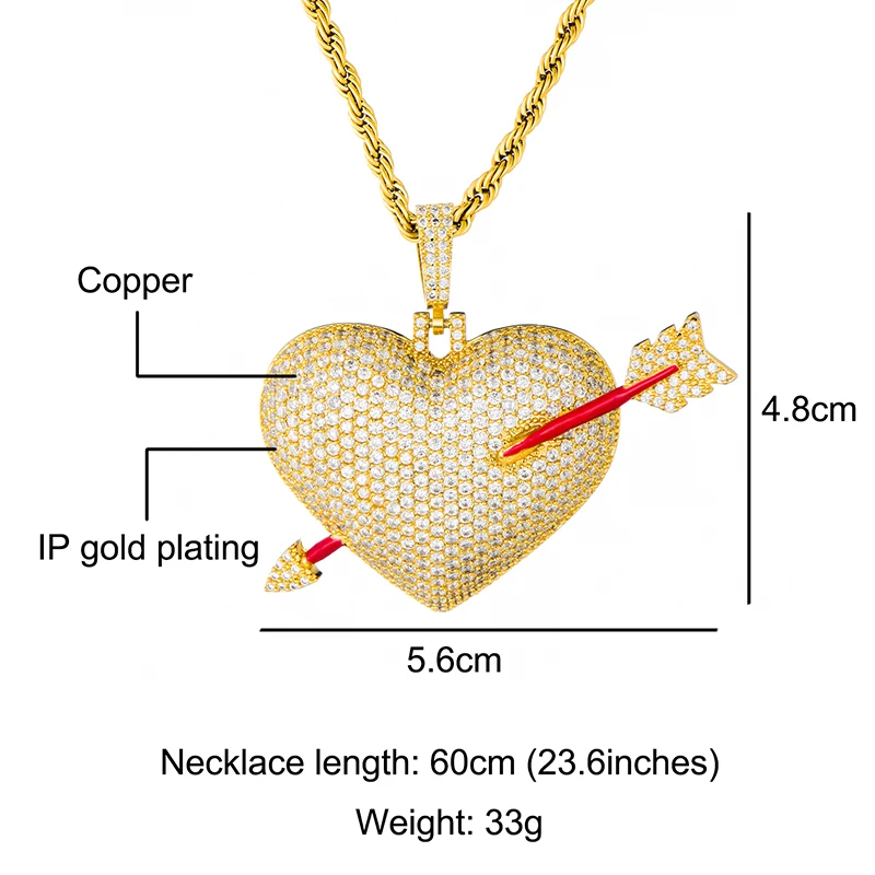 US7 Bling Iced Out Сердце Любви со стрелой ожерелье микро с инкрустацией AAA+ кубический циркон медные ожерелья с подвесками для мужчин хип хоп ювелирные изделия