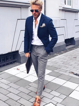 Tanie ANNIEBRITNEY Granatowy 2 Sztuka Slim Fit Mężczyźni Garnitur Z Szarym Spodnie W Paski Niestandardowe Skinny Groom Smoking ślubny ślubne Mężczyźni Komplet Garniturów