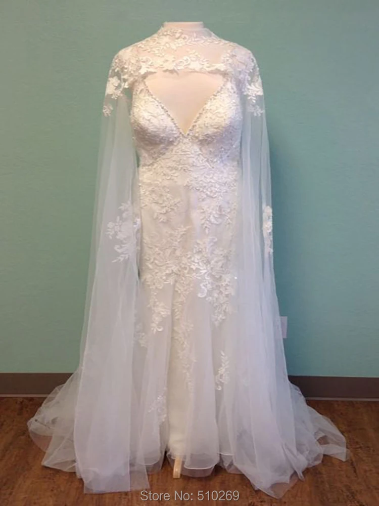 

Fit and Flare Wedding Gown Lace Beading V Neckline V Back Detachable Cape Spaghetti Straps Bridal Gown Robe De Mariage Custom Ma