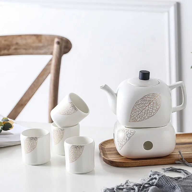 

House Ceramic Teapot Cups Tea Service Tray Set Tea Pot Holder Base with Four Tea Cups and Wooden Tray for Home Office Restaurant