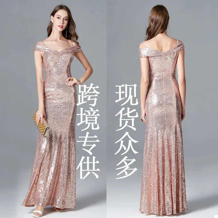

2019 New Style A- line Strap High-waisted Slimming Fishtail Sequin Bridesmaid Dress Evening Late Women's Elegant Debutante Long