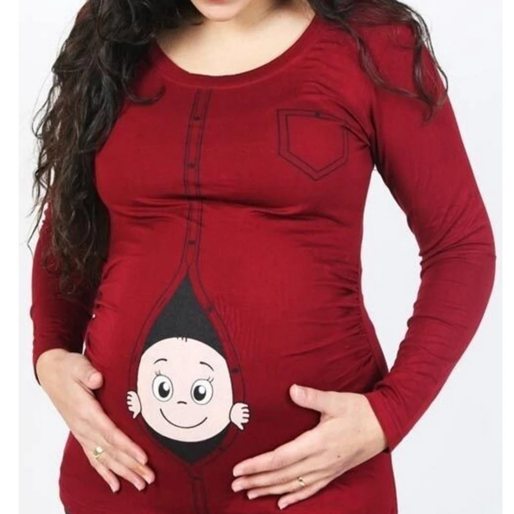Maternity Black T-Shirt Nursing Blouse Clothing Pregnancy Cute Baby Peeking Out Funny Printed Tees Clothes For Pregnant Women