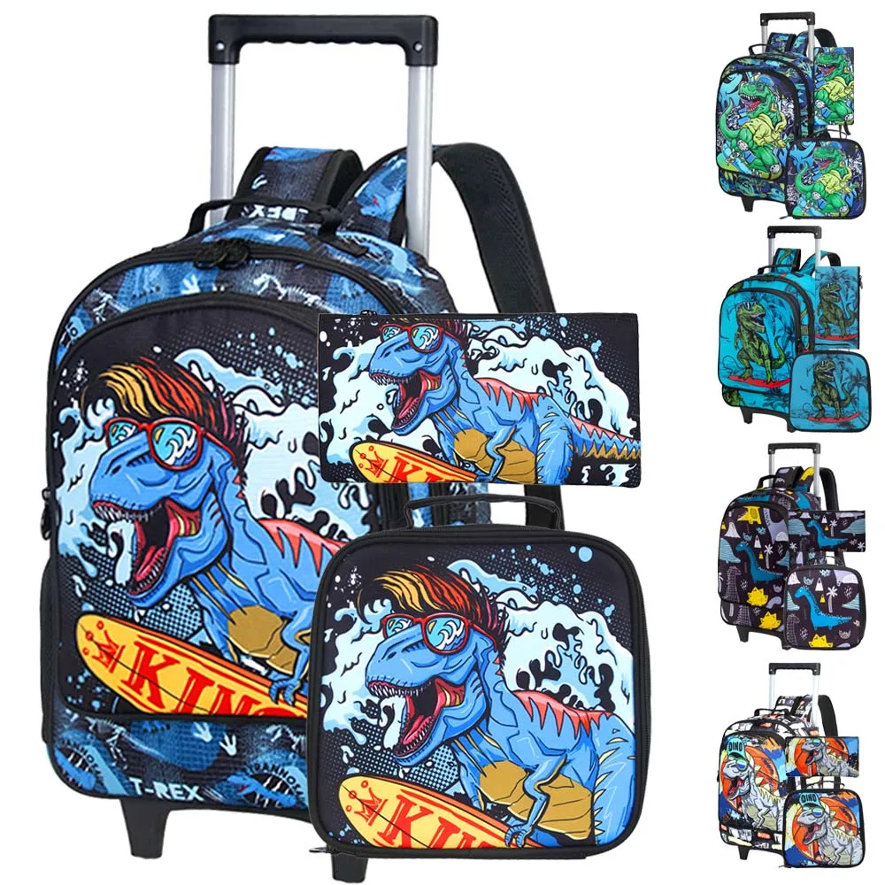 3PCS Kids Rolling Backpack for Boys Dinosaur 
