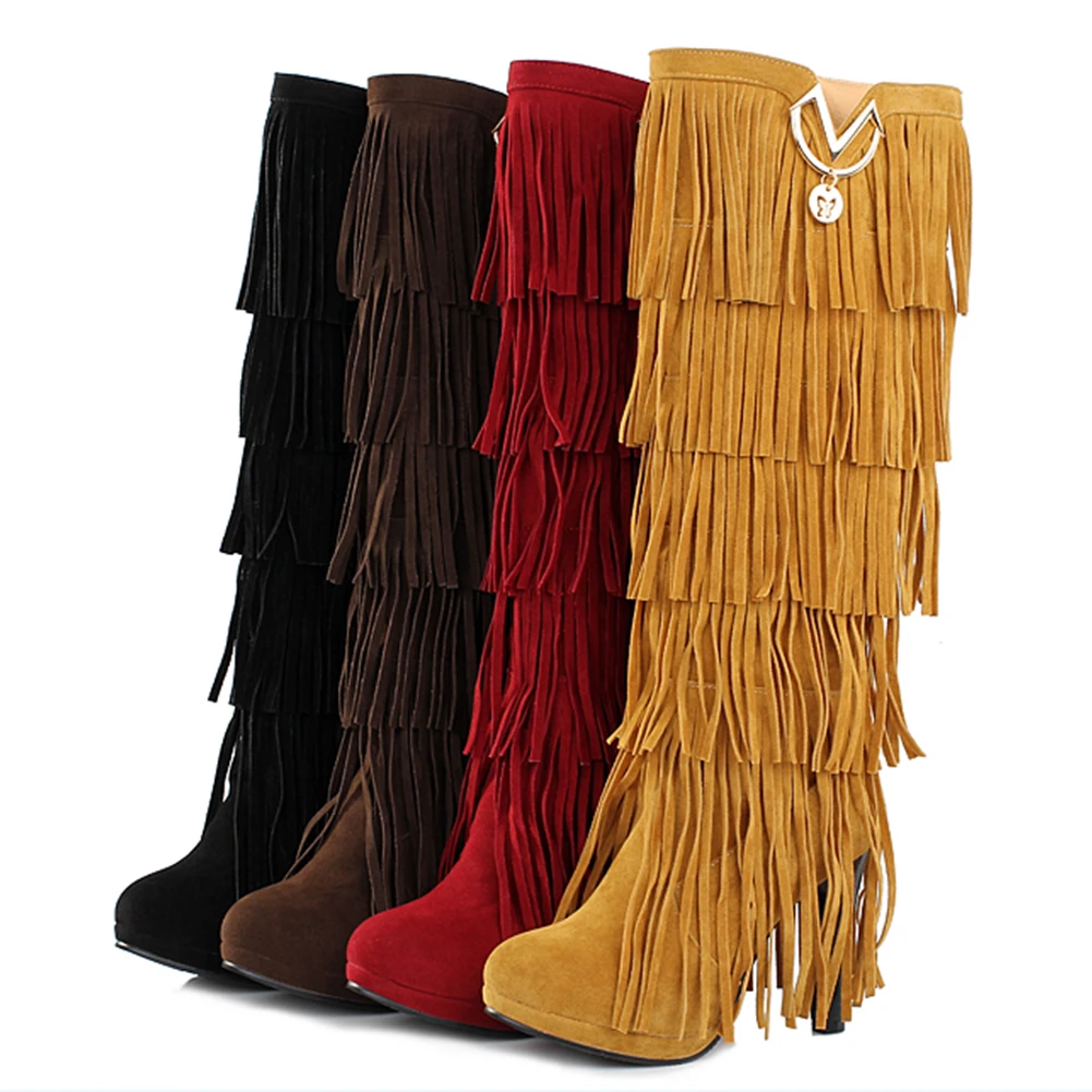 DORATASIA/Новинка, большие размеры 33-43, модные сапоги с бахромой женская обувь на высоком каблуке женские вечерние сапоги до колена, Осень-зима