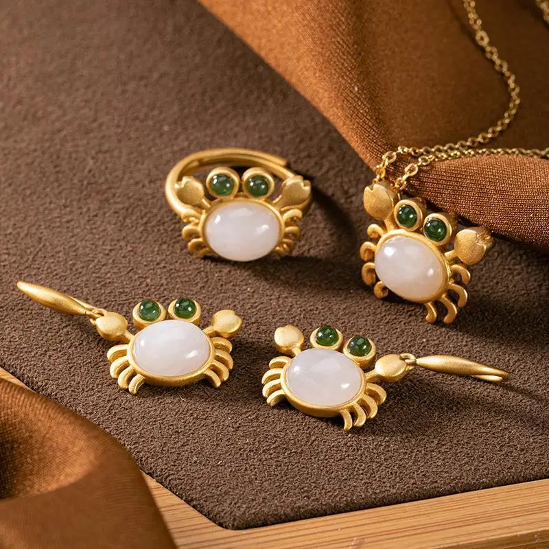 S925 Sterling Silver Gilding Hetian Jade Personalized Fashionable All-Match Crab Set High-End Women's Earrings Eardrops Ring | Украшения