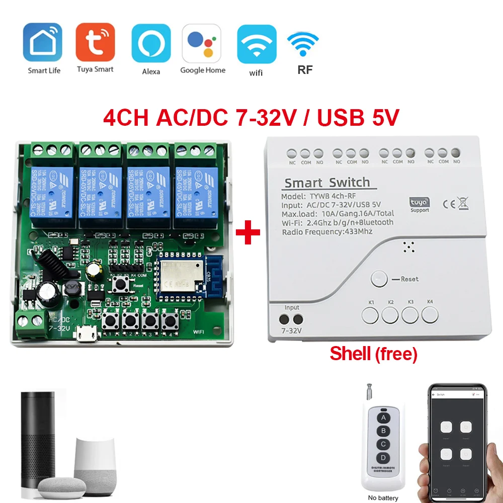 Tuya Smart Switch Wi-Fi DIY Таймер 220 В 1CH / 2CH 4CH RF Голосовое управление Модуль автоматизации